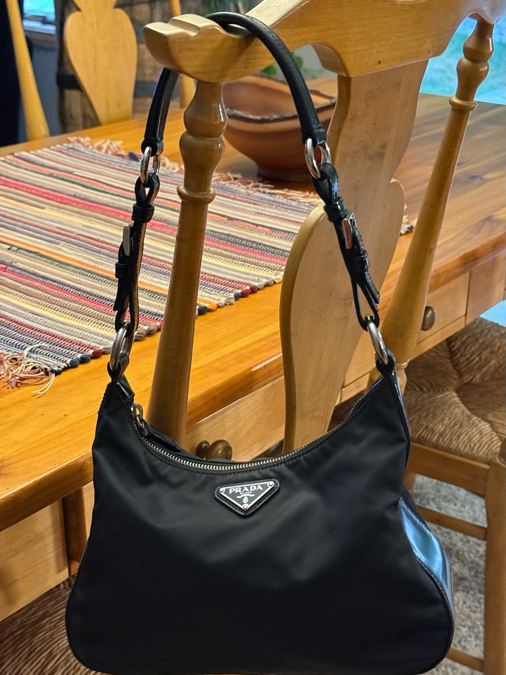 Prada Black Nylon Shoulder Bag with Logo Plaque